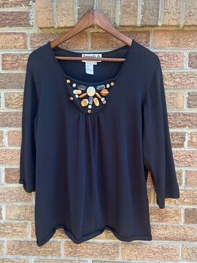 Vtg Joseph A Black Tunic Top with Amber and Gray Bead Embellishment size 2X